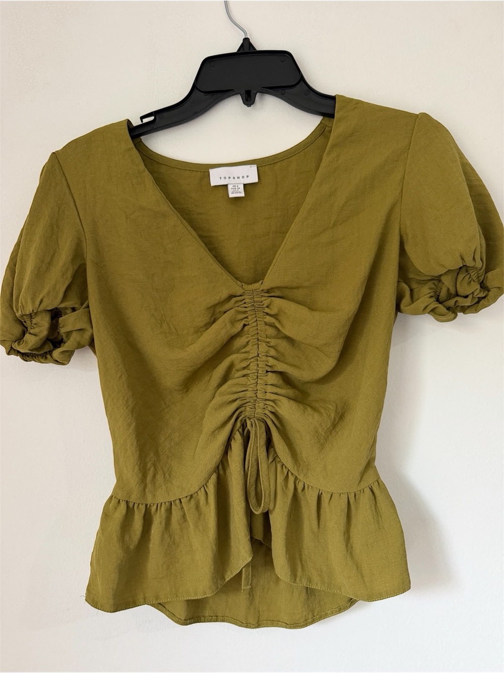 Topshop Olive Green Ruched Peplum Blouse